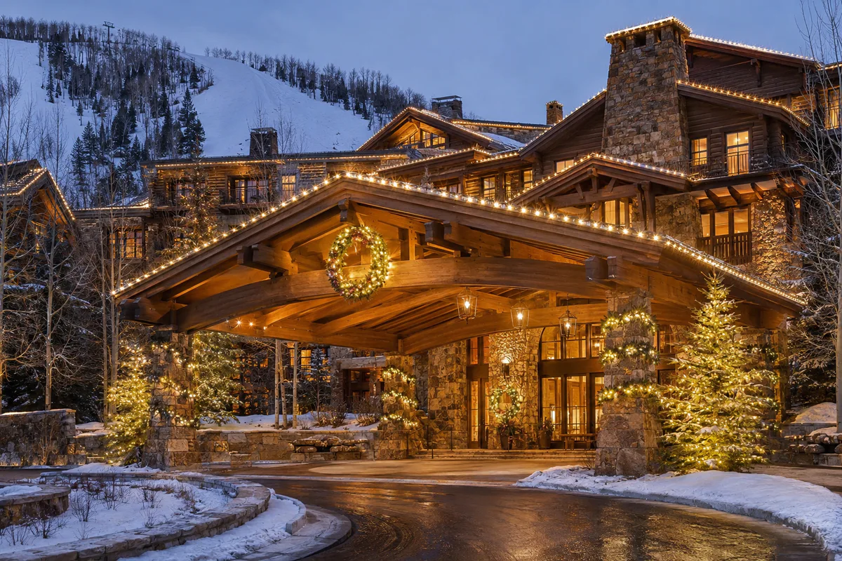 Luxury Deer Valley hotel porte cochere with professional warm-white roofline, wreath, garland, and spruce-tree holiday lighting