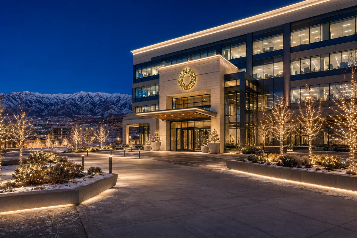 Contemporary Salt Lake City office campus with professional warm-white facade, entry, plaza tree, and landscape holiday lighting