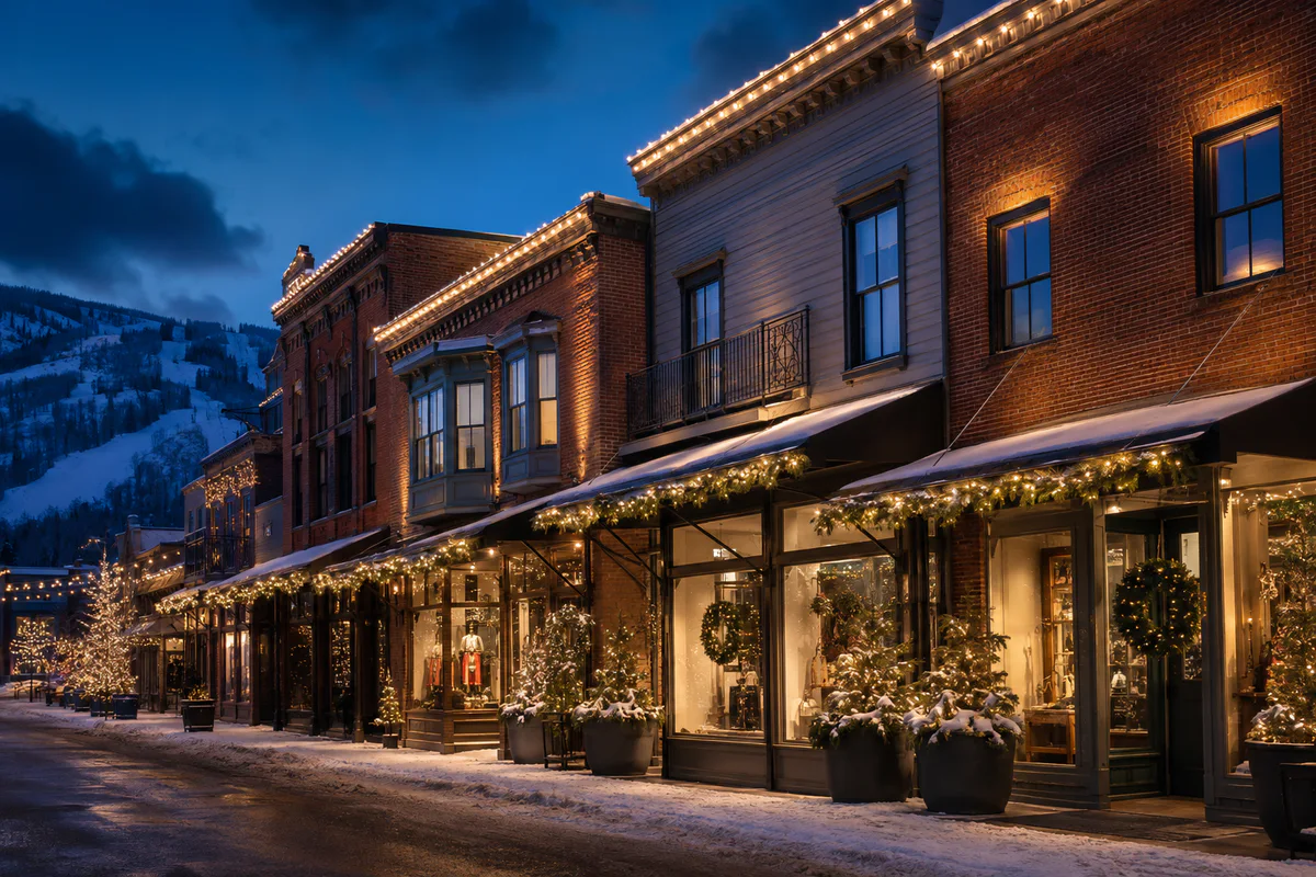 Historic Park City mixed-use storefront block with coordinated warm-white cornice, awning, garland, wreath, and planter holiday lighting