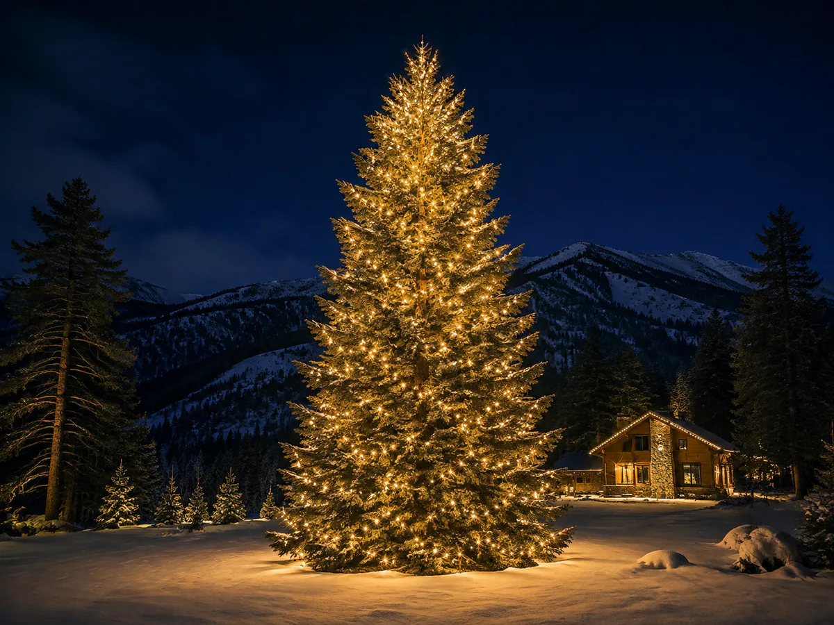 Tall mature Utah blue spruce illuminated from trunk to branch tips with professional warm-white mini lights