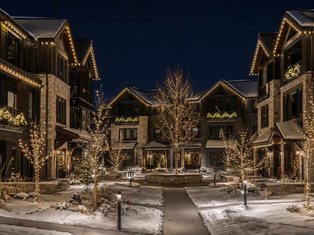 Contemporary Utah townhome HOA courtyard with coordinated roofline, entry, and ornamental tree holiday lights