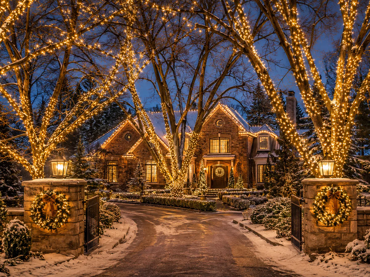 Holladay Utah estate entrance with elegant warm-white lighting across the home, gate, and mature trees