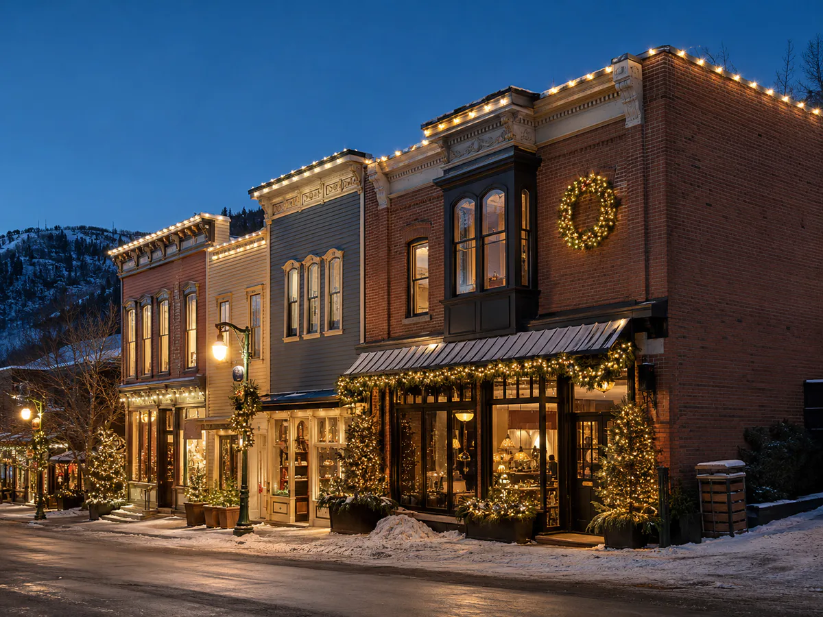 Historic Park City commercial storefronts with warm-white cornice lights, garland, wreaths, and lit planters