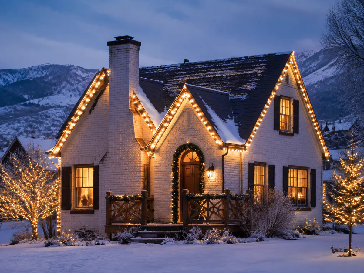 Traditional Midway cottage with warm-white gable lighting, wreaths, garland, and lit orchard trees
