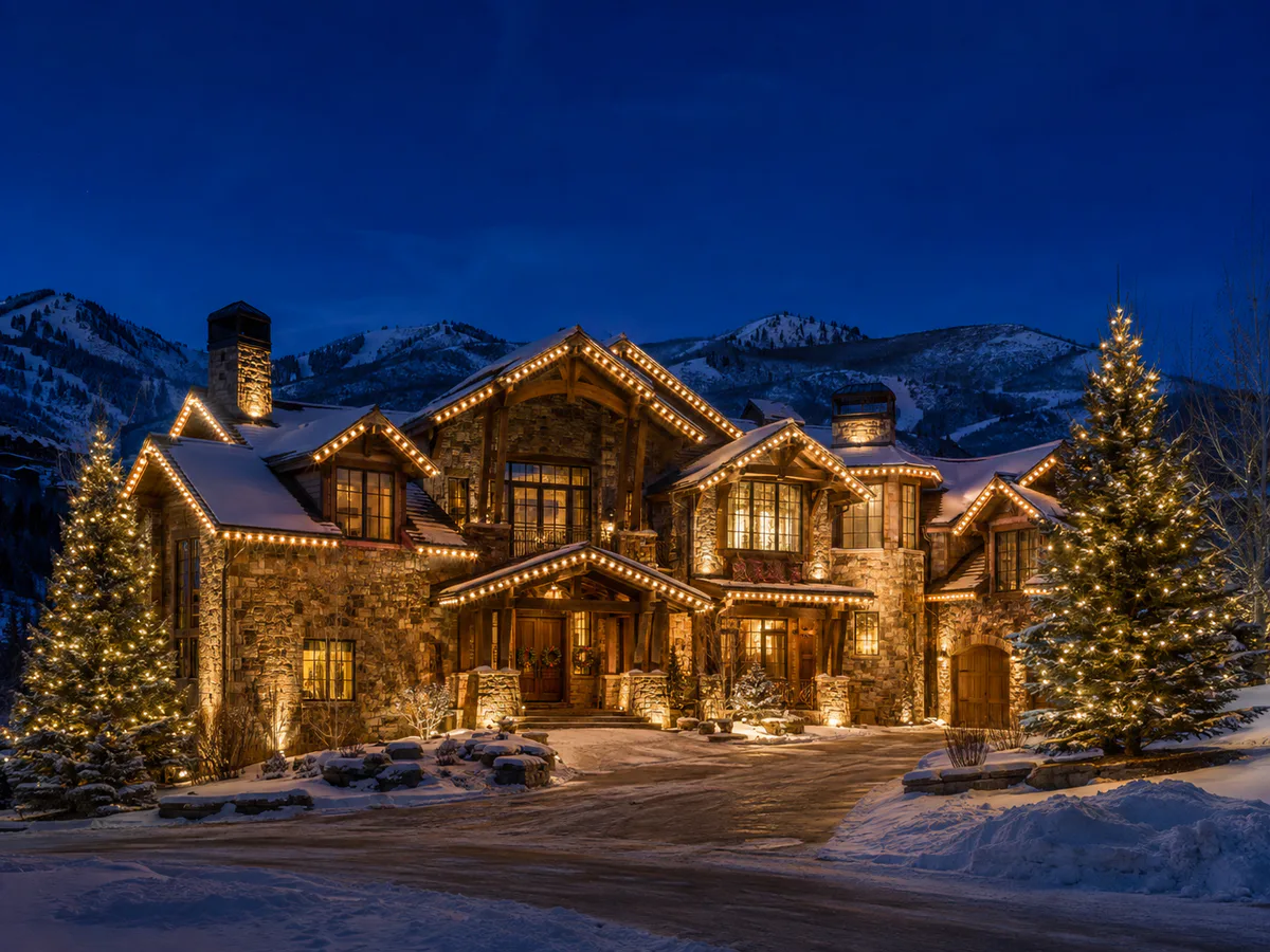 Stone and timber Park City mountain estate with warm-white roofline lights and illuminated evergreen trees