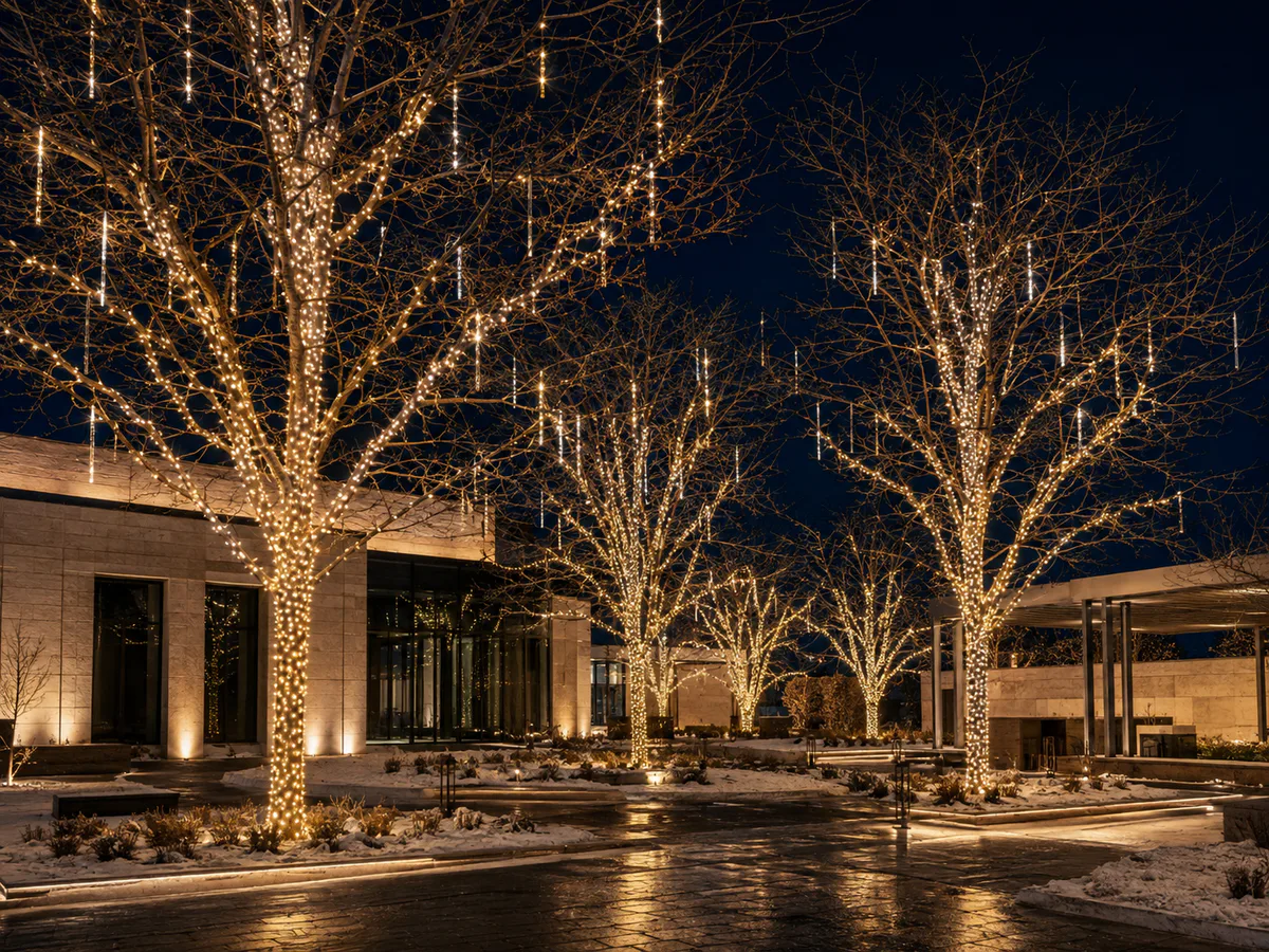 Modern Utah courtyard with mature deciduous trees wrapped in champagne lights and delicate vertical light strands